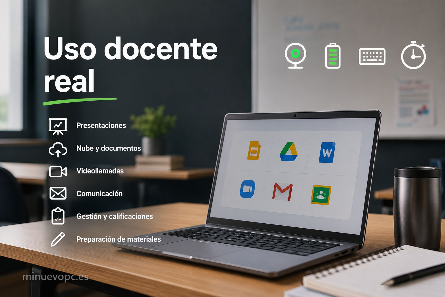 Portátil para docentes mostrando una presentación en clase y herramientas educativas digitales abiertas