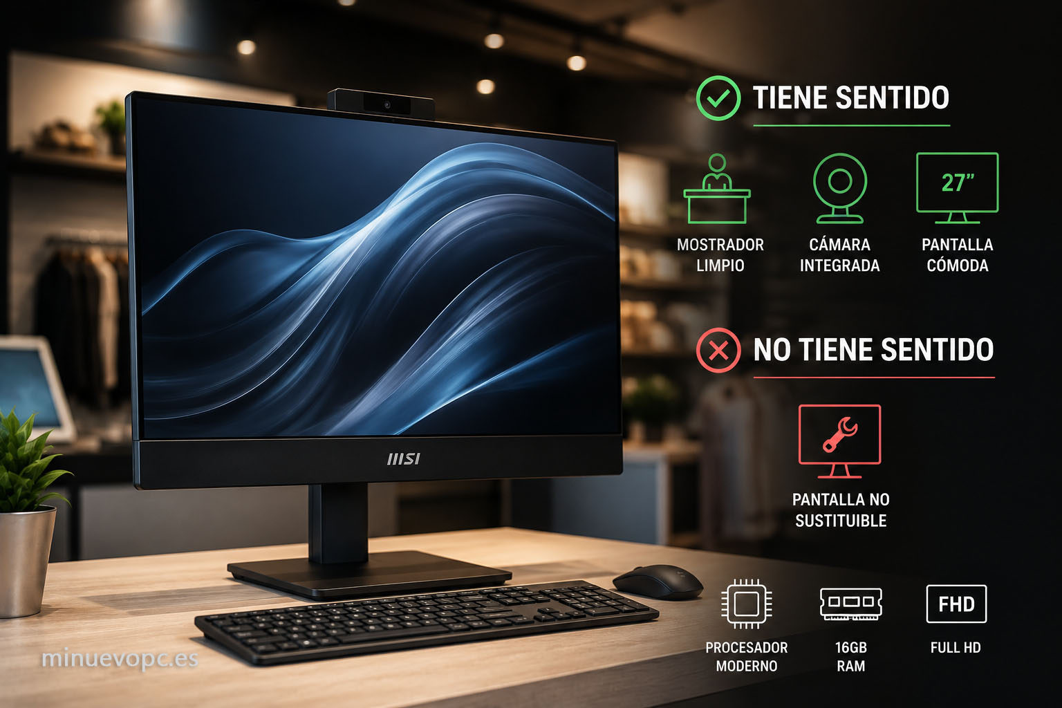 Ordenador todo en uno para recepción, tienda o despacho con pantalla integrada, diseño limpio y gestión profesional