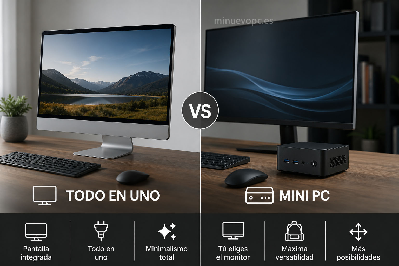 Comparativa entre ordenador todo en uno y mini PC compacto para elegir la mejor opción según espacio, flexibilidad y uso diario