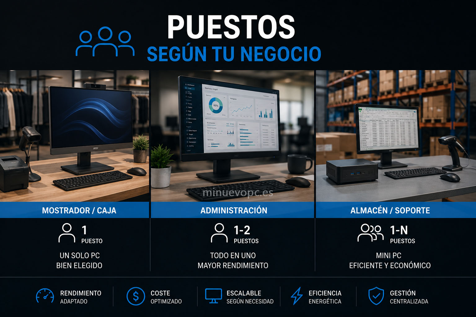 Equipos informáticos para varios puestos de trabajo en tienda, administración y almacén con costes optimizados y escalabilidad
