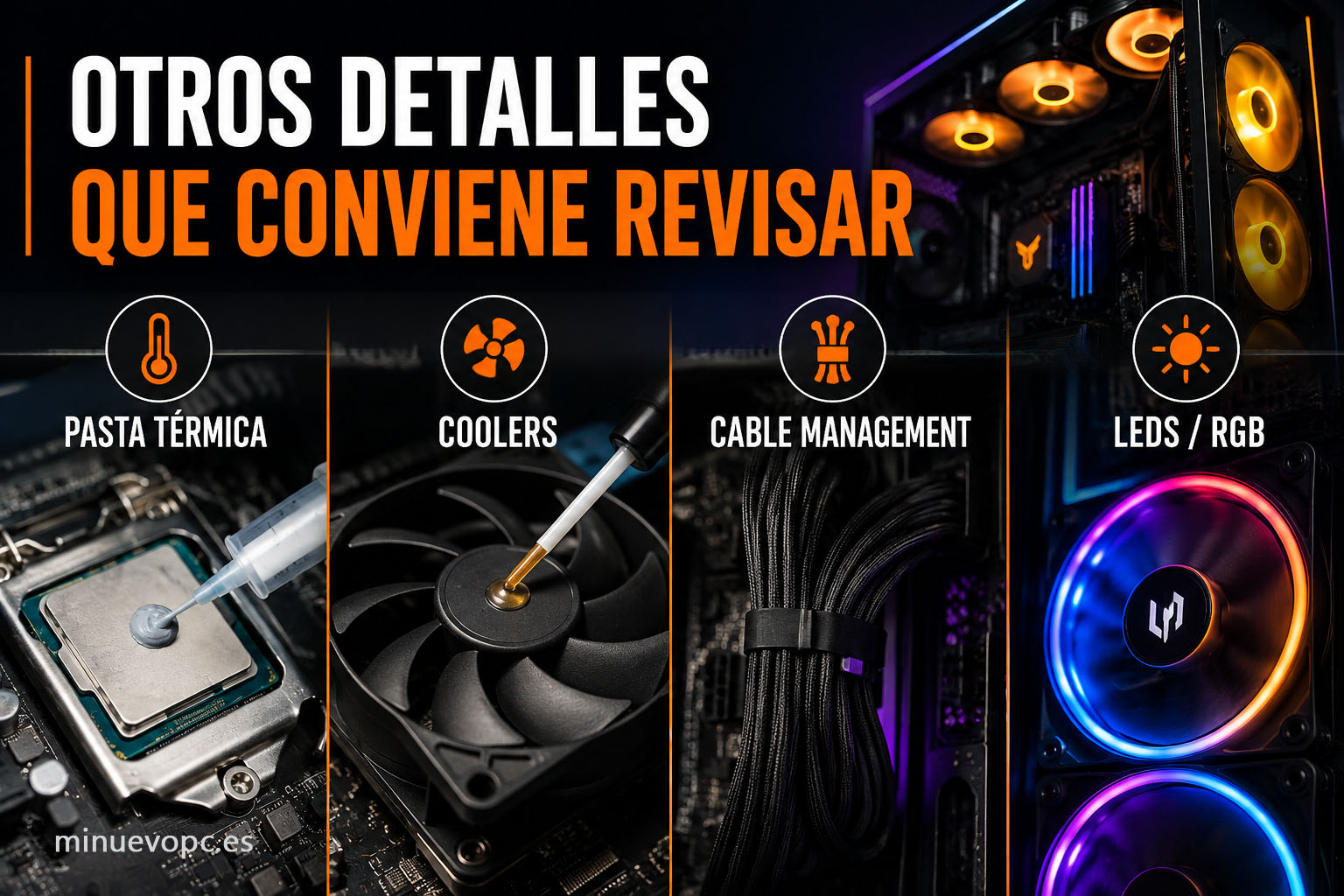Detalle de un PC gaming con pasta térmica, ventiladores, cables y RGB, elementos que conviene revisar para mantener el rendimiento