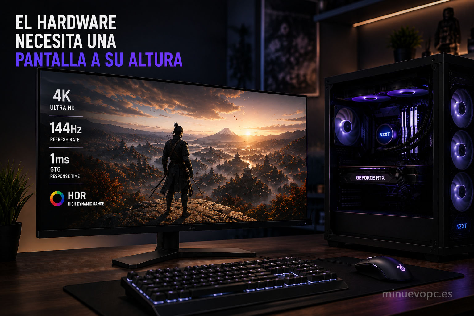 Monitor 4K de alta frecuencia junto a un PC gaming potente en un setup premium