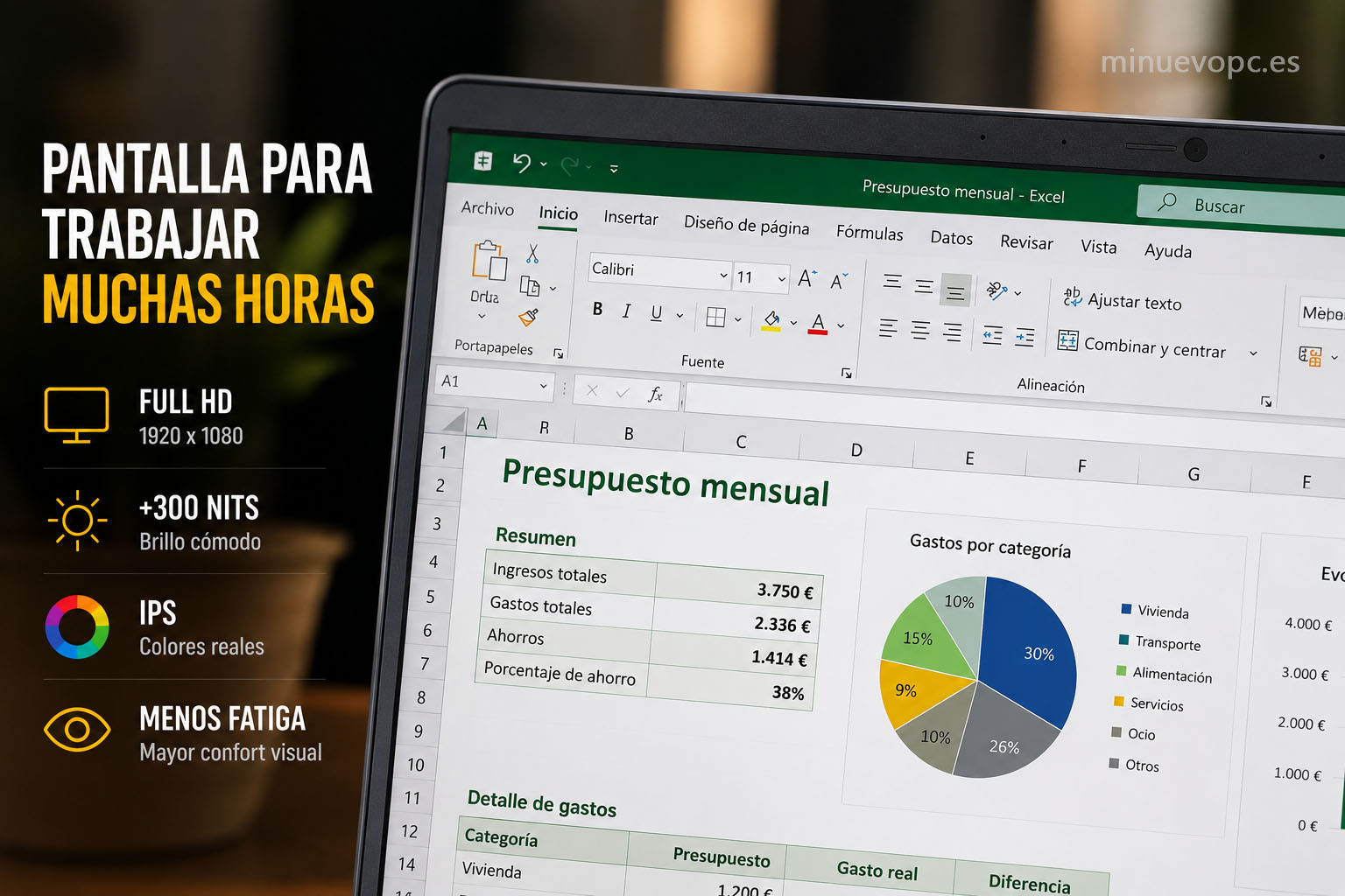 Pantalla Full HD IPS para trabajar muchas horas con mayor comodidad visual, buen brillo y colores precisos
