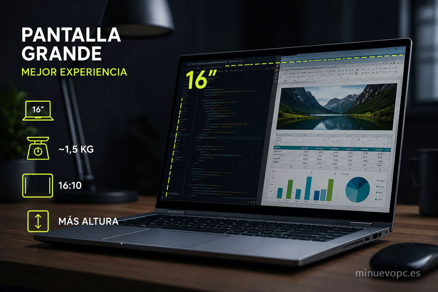 Portátil de 16 pulgadas con pantalla 16:10 ideal para productividad, multitarea y trabajar con mayor comodidad y espacio visual