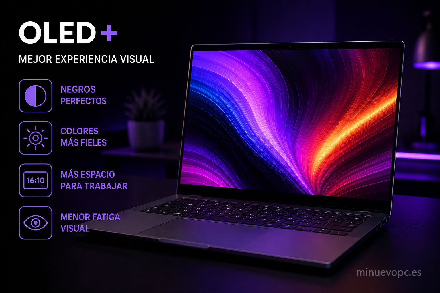 Pantalla OLED 16:10 en portátil moderno con gran calidad de imagen, más espacio de trabajo y mejor experiencia para productividad diaria