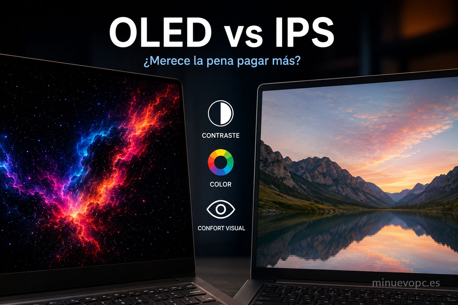 Pantallas OLED e IPS en portátiles de 16 pulgadas mostrando diferencias de color, contraste y confort visual para elegir la opción ideal.