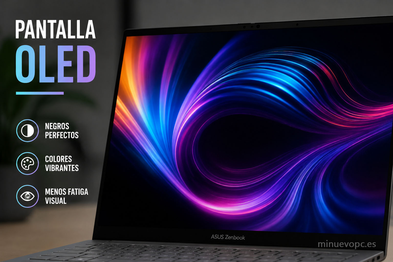 Portátil de 14 pulgadas con pantalla OLED de alta calidad, contraste superior, colores precisos y menor fatiga visual en uso diario.
