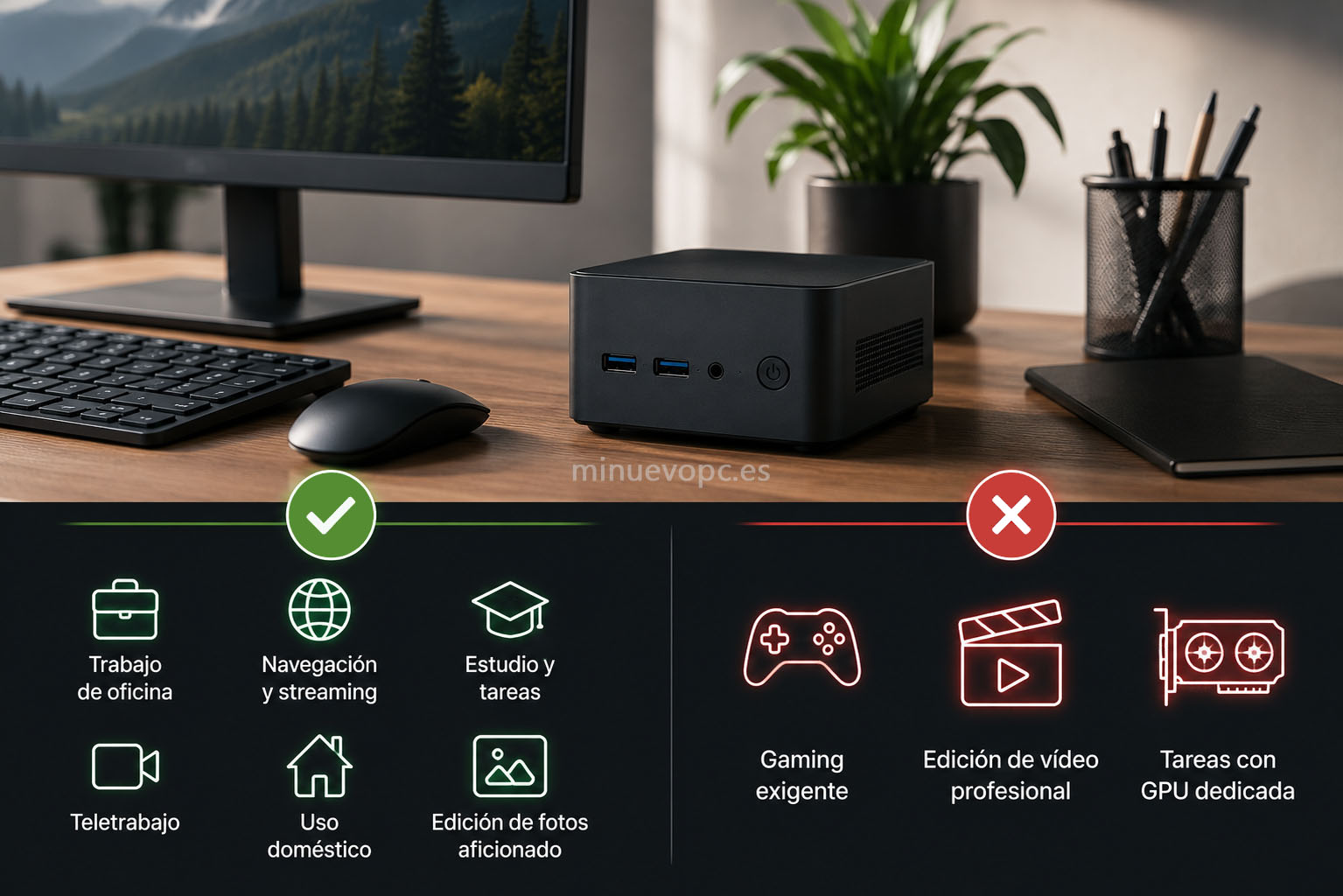 Mini PC para teletrabajo, oficina, estudios y streaming frente a tareas exigentes como gaming o edición profesional de vídeo