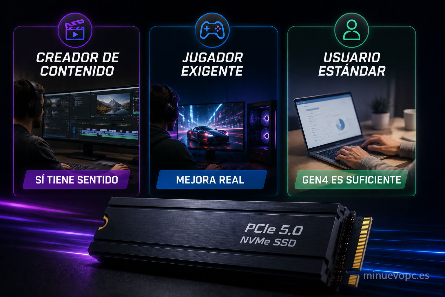 Comparativa de perfiles de usuario para saber cuándo comprar un SSD NVMe Gen5 o elegir un modelo Gen4 por calidad precio