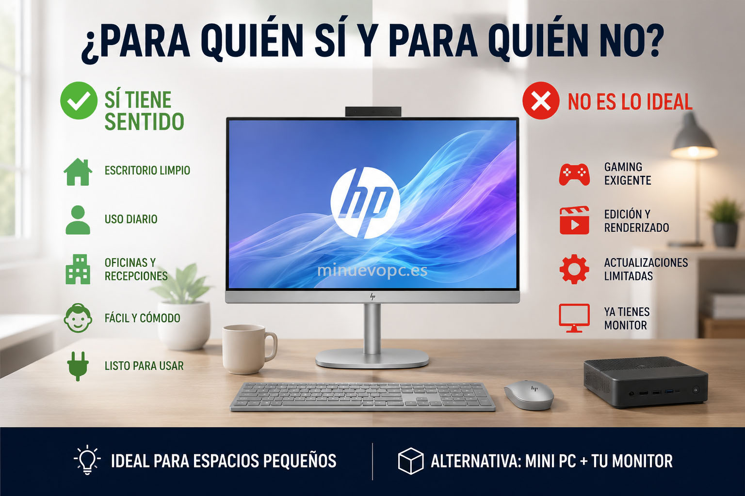 Ordenador todo en uno en escritorio limpio para usuarios domésticos, oficina y teletrabajo que buscan simplicidad, orden y facilidad de uso