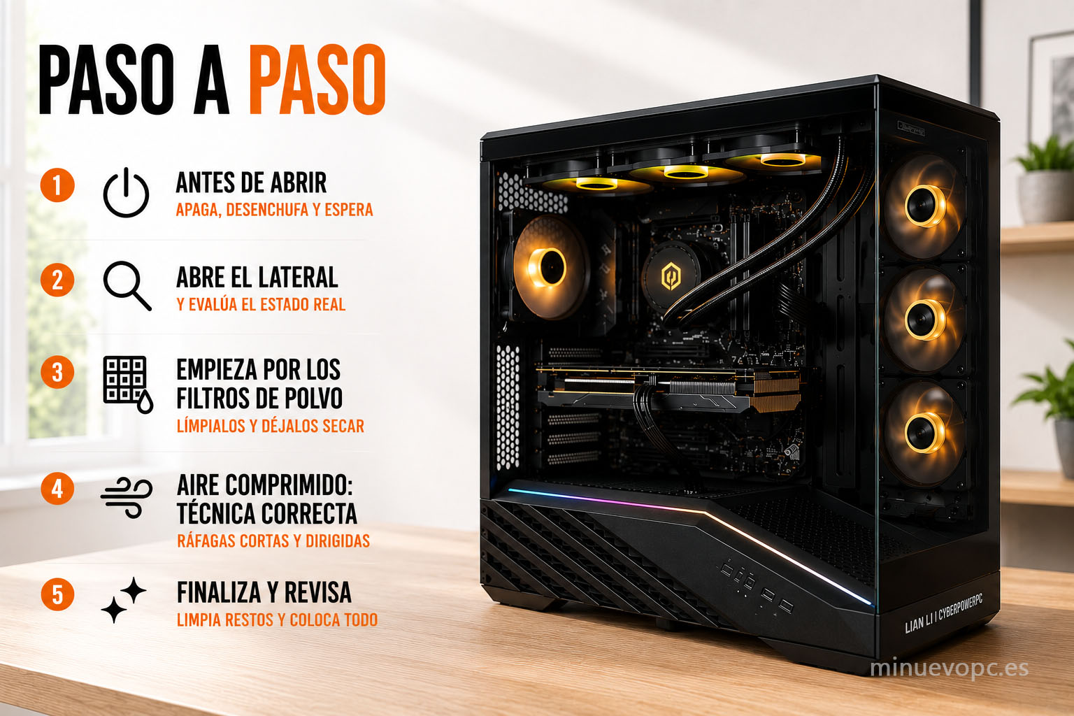 Limpieza del interior de un ordenador gaming eliminando polvo de ventiladores, filtros y componentes críticos