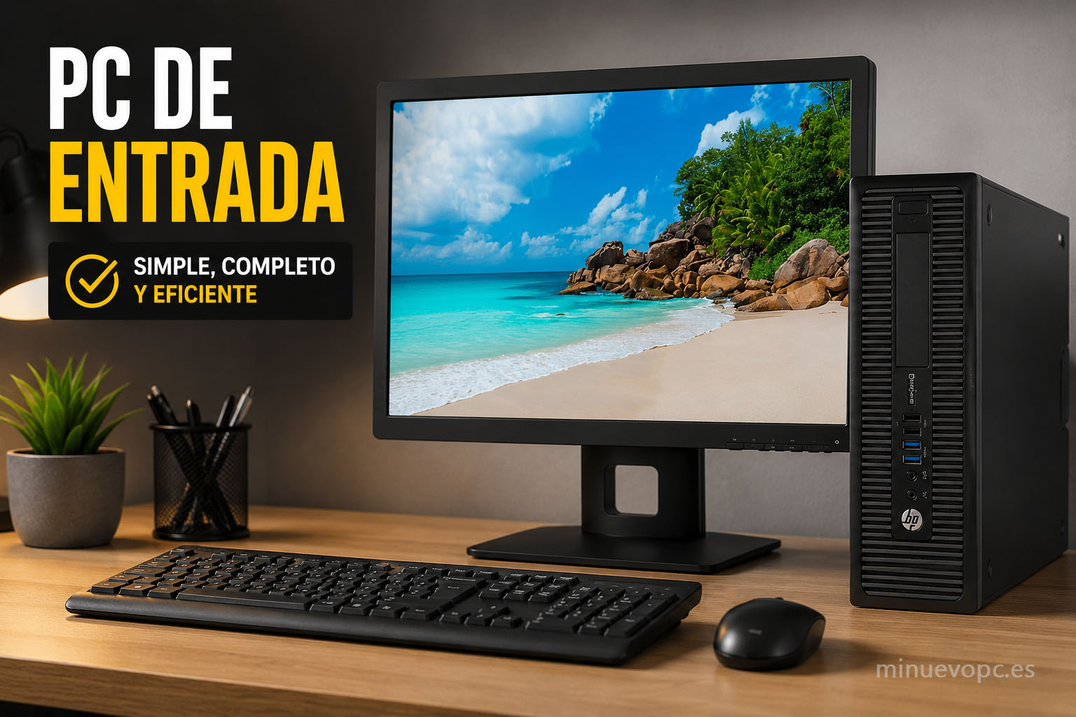 Ordenador de sobremesa completo con monitor, teclado y ratón, una opción práctica para comprar un PC barato y funcional