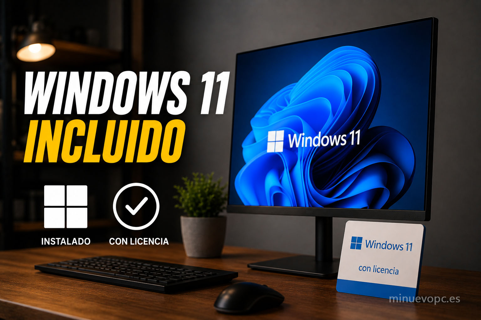 Monitor con Windows 11 junto a teclado y ratón, destacando que el PC de entrada debe incluir el sistema instalado y con licencia