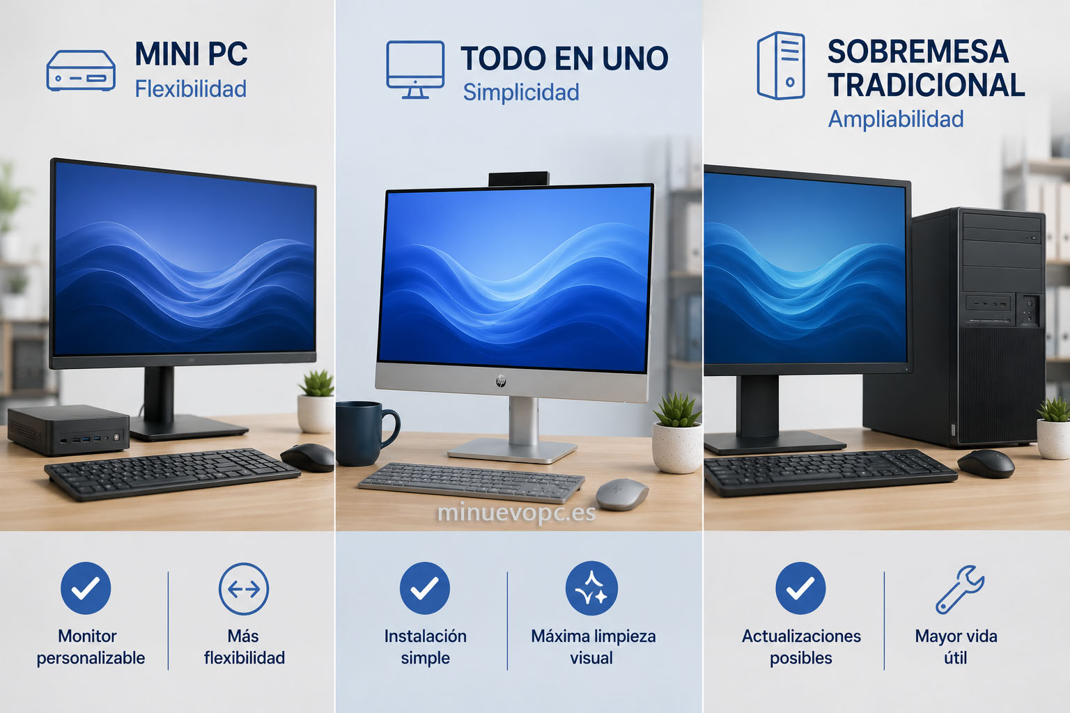 Comparativa entre mini PC, PC todo en uno y sobremesa tradicional para elegir el mejor ordenador de oficina según el espacio disponible