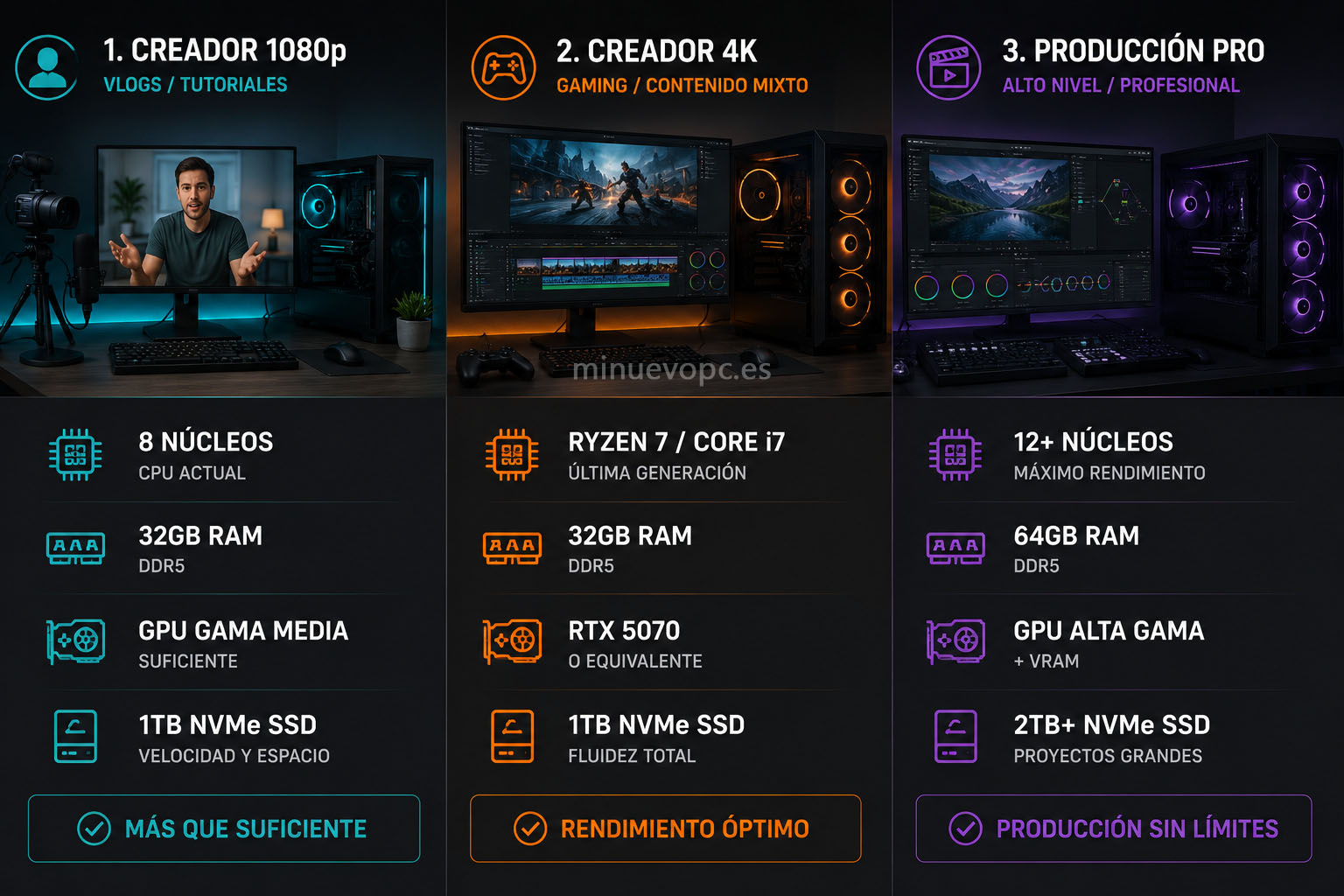 Configuraciones de PC para YouTube según el tipo de creador, desde vlogs hasta edición 4K, para elegir el equipo adecuado sin gastar de más