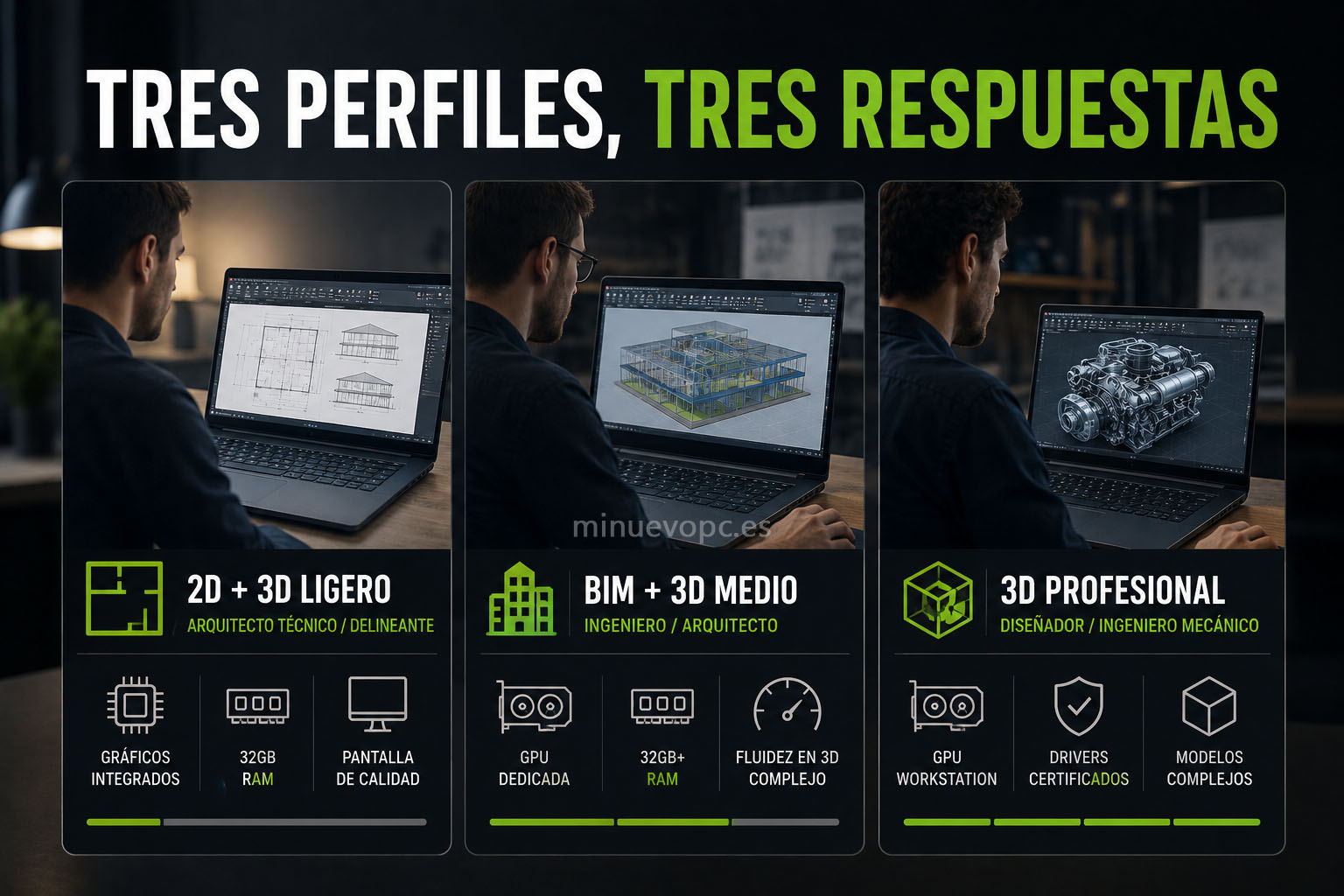 Diferentes perfiles profesionales utilizando portátiles para AutoCAD, Revit y SolidWorks según sus necesidades y relación calidad precio