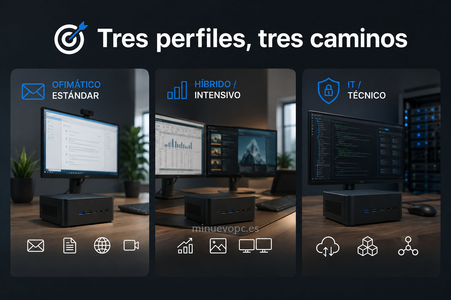 Comparativa de mini PC para oficina según el perfil de usuario: ofimática, trabajo intensivo o administración IT para elegir la mejor opción