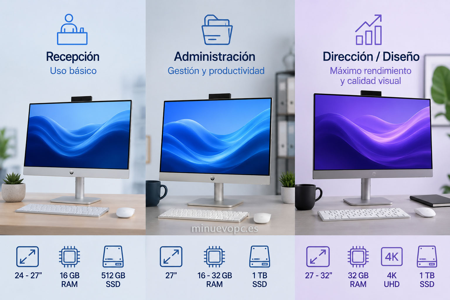 Configuraciones recomendadas de PC todo en uno para recepción, administración y dirección según las necesidades de cada oficina