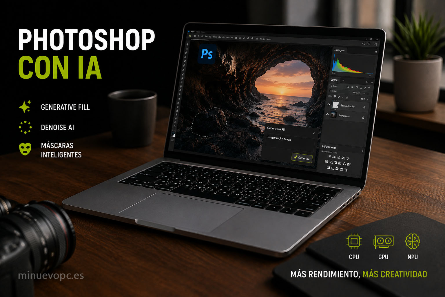 Portátil con Photoshop y herramientas de IA en pantalla, acompañado de CPU, GPU y NPU, mostrando la potencia necesaria para editar con funciones inteligentes