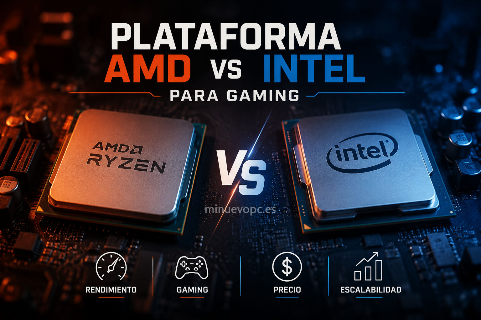Comparativa de plataforma AMD vs Intel para gaming con procesadores Ryzen y Core sobre placa base para elegir la mejor opción según calidad precio