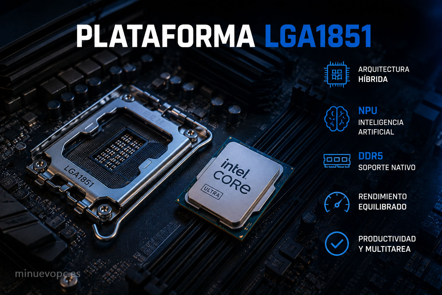 Plataforma Intel LGA1851 con procesador Core Ultra, arquitectura híbrida y DDR5 para productividad, multitarea y gaming equilibrado