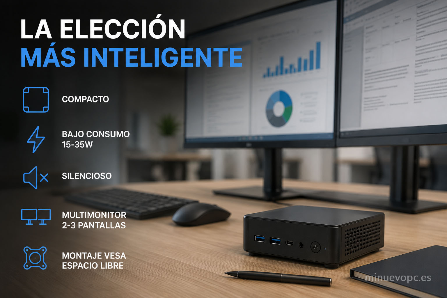 Mini PC en oficina moderna con doble monitor y escritorio despejado, solución de calidad precio para trabajar con eficiencia y bajo consumo energético