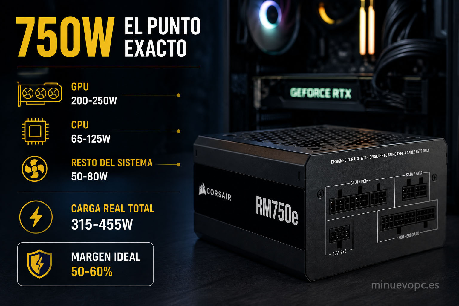 Fuente de alimentación de 750W mostrando el consumo de GPU, CPU y el margen de potencia ideal para un PC gaming de alto rendimiento