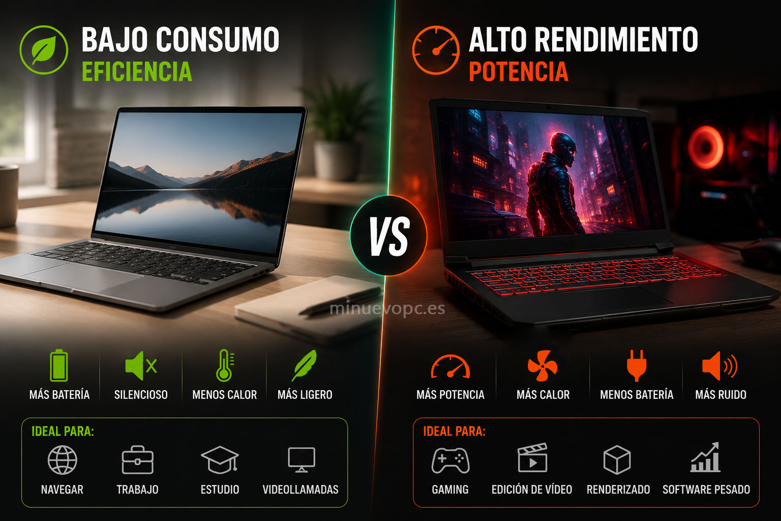 Comparativa entre portátil eficiente y portátil de alto rendimiento para elegir la mejor opción según uso y autonomía