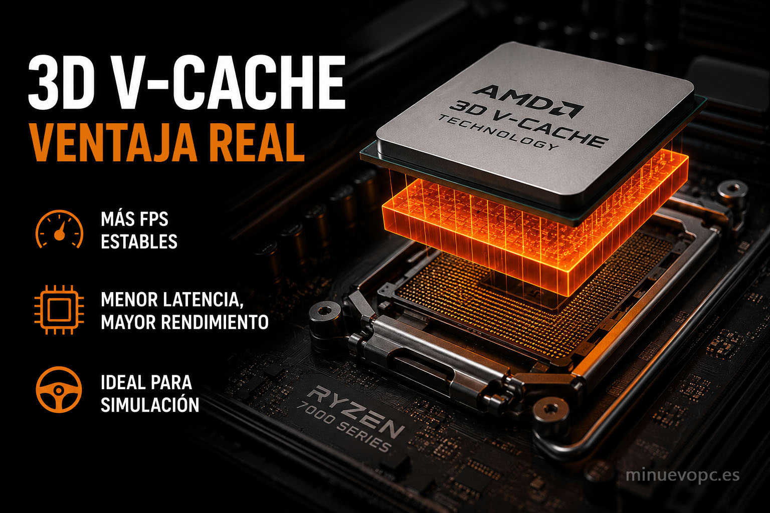 Procesador AMD Ryzen con tecnología 3D V-Cache recomendado para comprar un PC de simulación con más FPS y menor latencia
