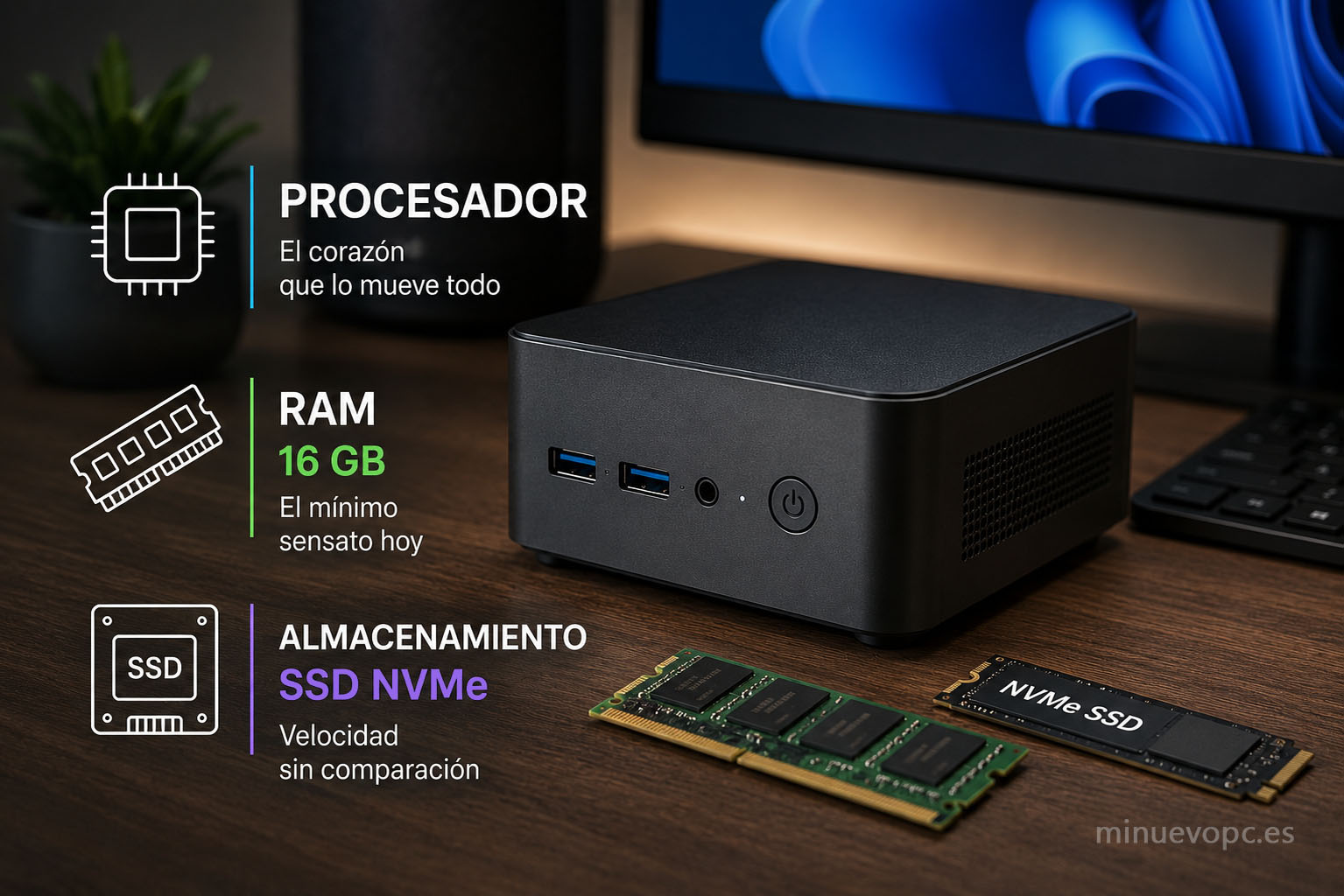 Mini PC con procesador potente, 16 GB de RAM y SSD NVMe, claves para comprar un ordenador compacto rápido y eficiente