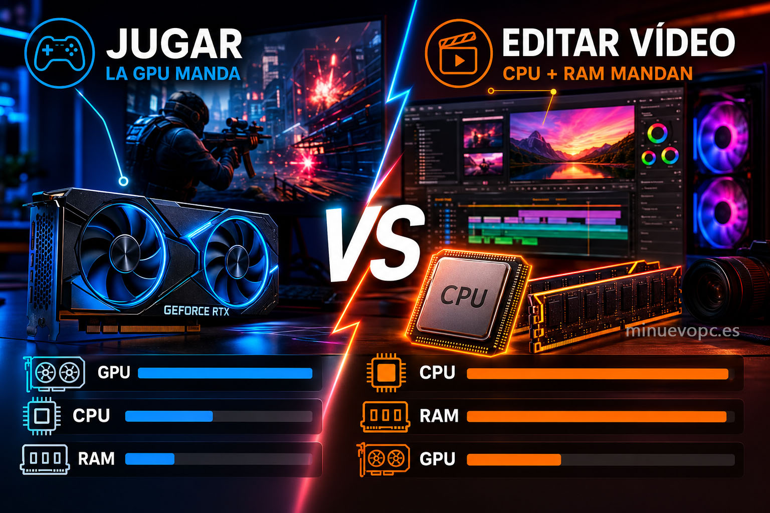 Comparativa entre edición de vídeo y gaming mostrando por qué el procesador y la memoria son más importantes para crear contenido en YouTube