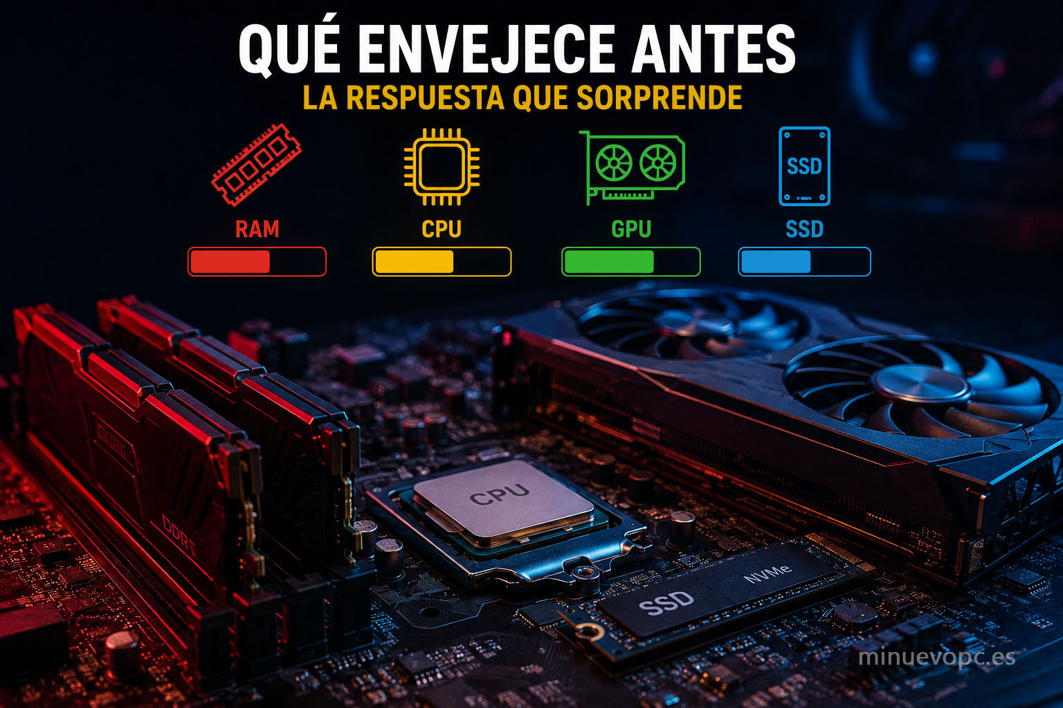 RAM, CPU, GPU y SSD en un PC gaming moderno mostrando qué componente envejece más rápido