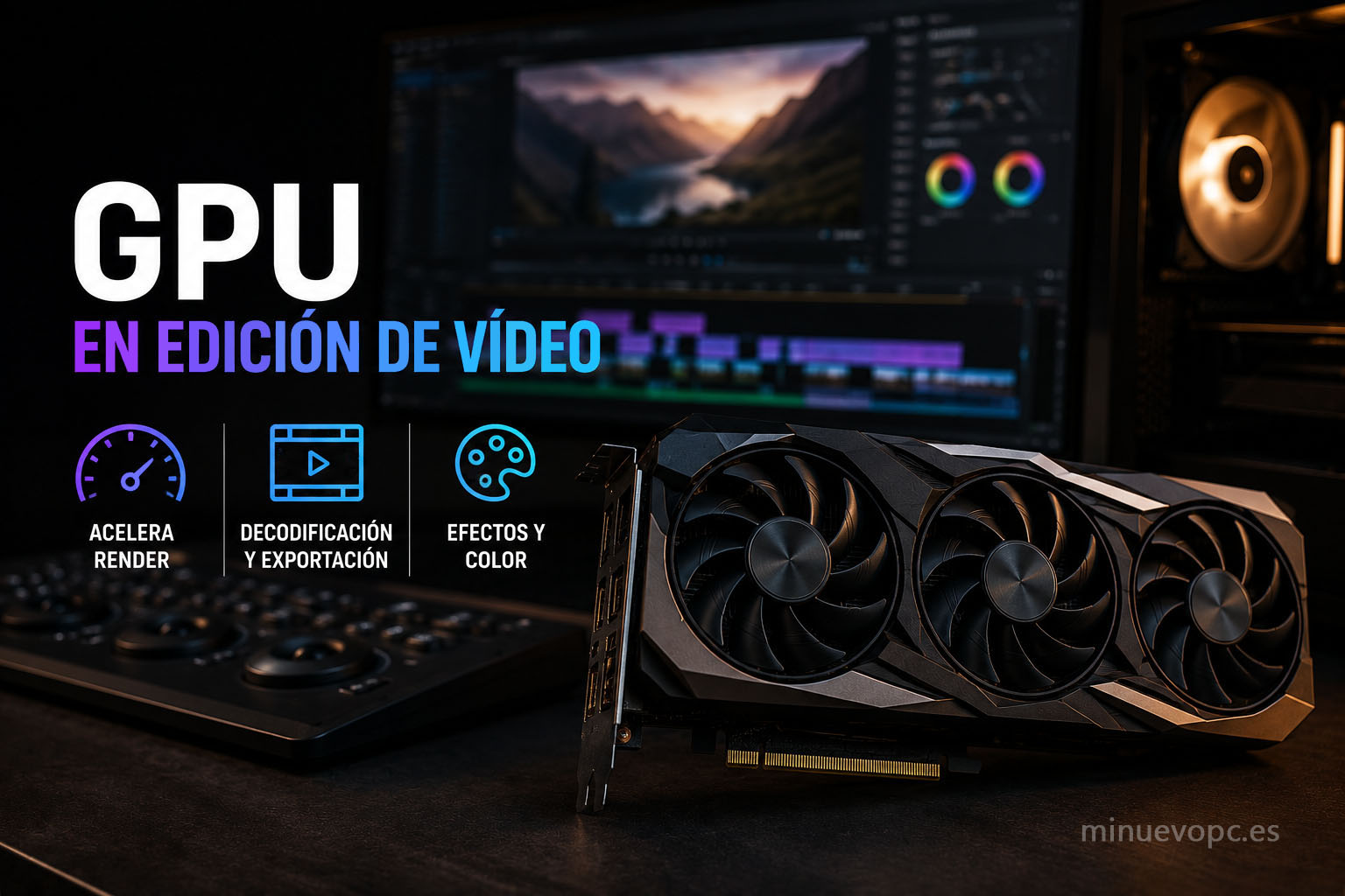 Tarjeta gráfica dedicada para edición de vídeo y corrección de color en DaVinci Resolve con rendimiento estable para proyectos 4K
