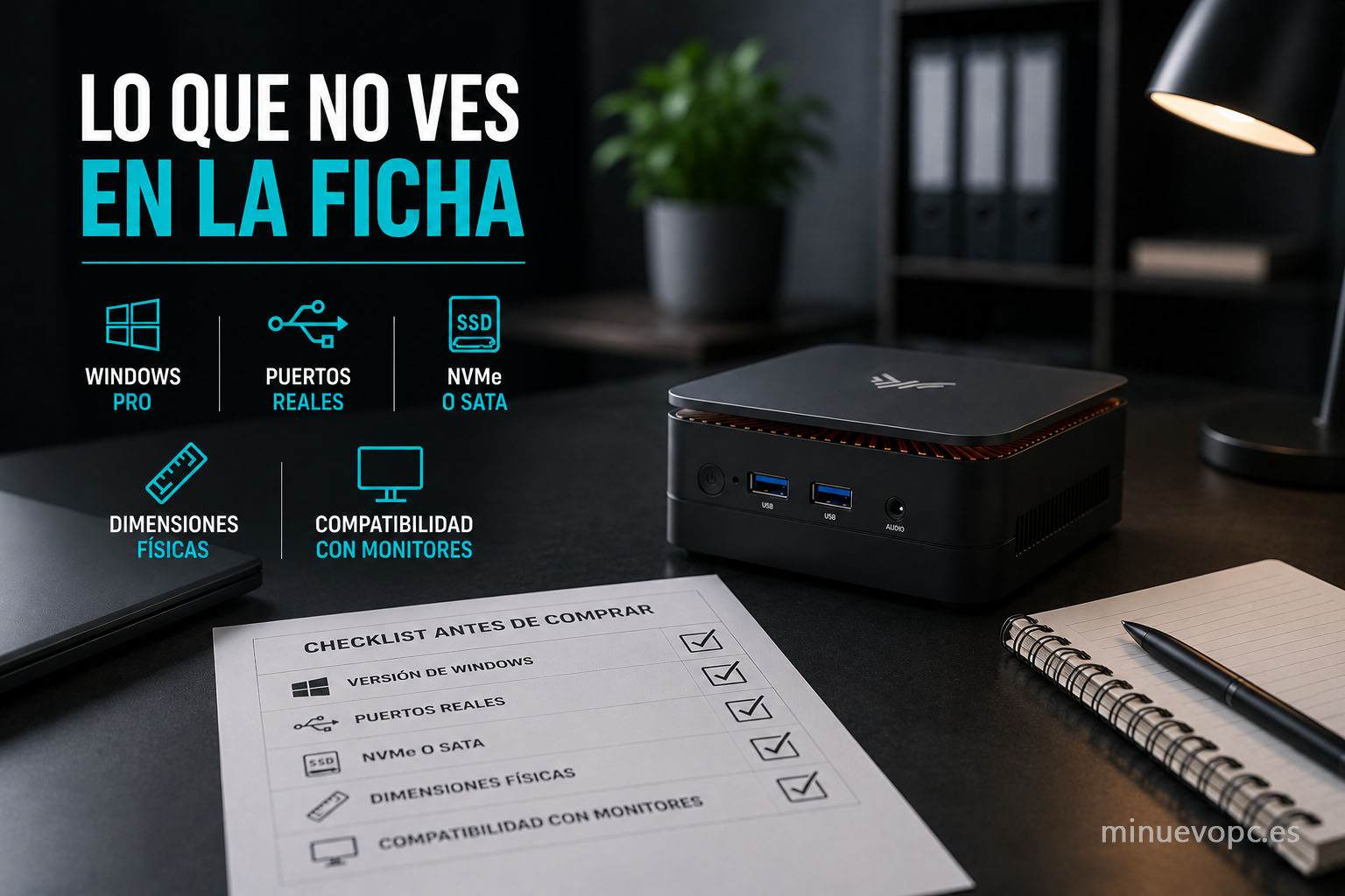 Detalles clave al comprar PCs para empresa: Windows Pro, NVMe, puertos reales y compatibilidad con monitores.