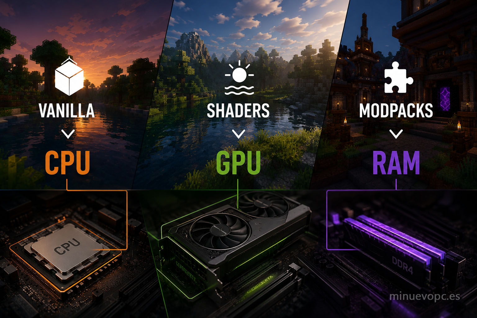 Qué componente mejora más los FPS en Minecraft según juegues vanilla, con shaders o con modpacks pesados