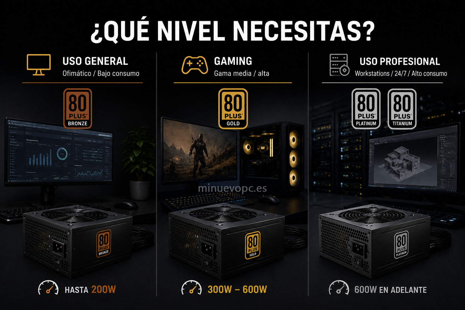 Qué fuente de alimentación comprar según tu PC: 80 Plus Bronze, Gold o Platinum para oficina, gaming y equipos de alto consumo