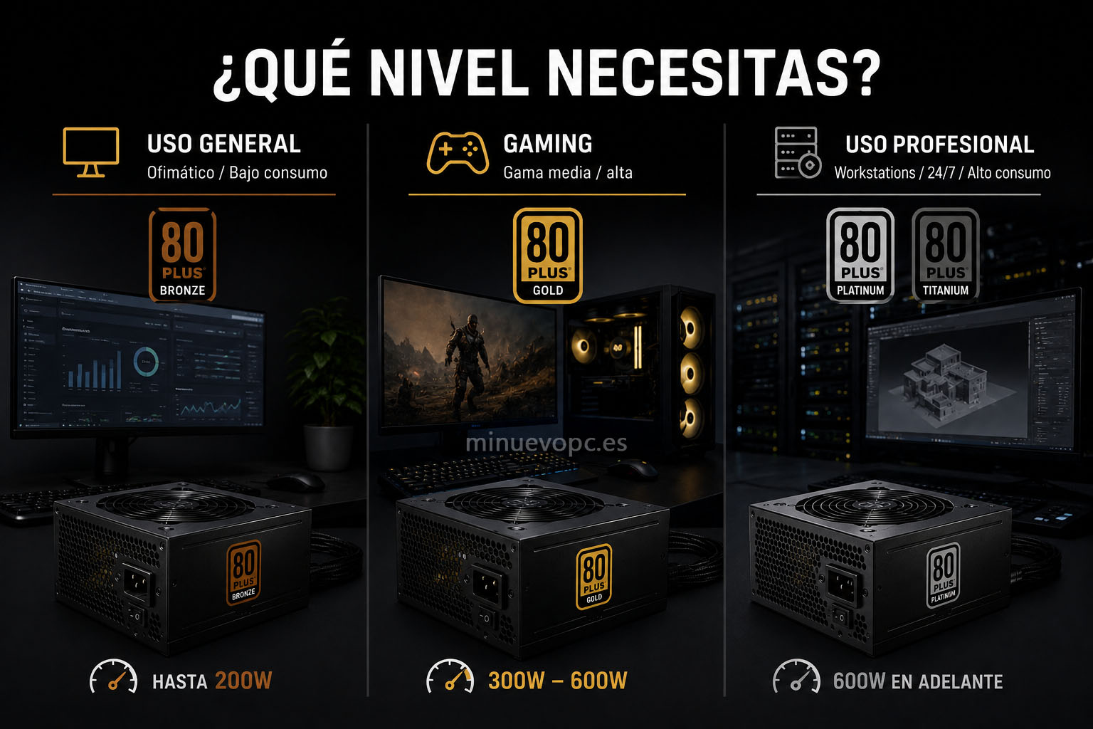 Qué fuente de alimentación comprar según tu PC: 80 Plus Bronze, Gold o Platinum para oficina, gaming y equipos de alto consumo