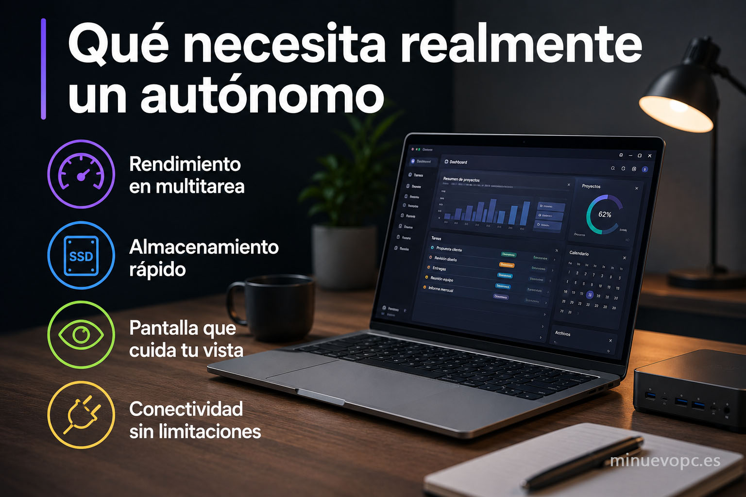 Ordenador para autónomos con SSD rápido, multitarea fluida y pantalla cómoda para trabajar muchas horas