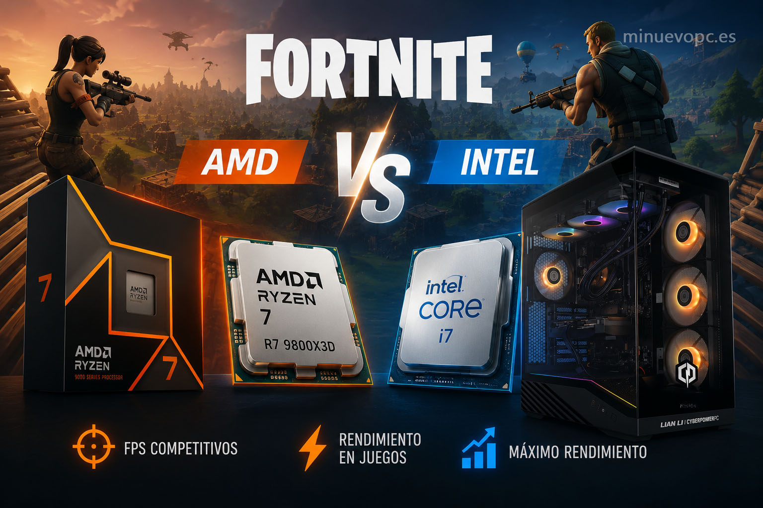 Comparativa de procesadores AMD Ryzen e Intel Core para Fortnite, mostrando qué CPU ofrece más FPS competitivos antes de comprar un PC gaming.