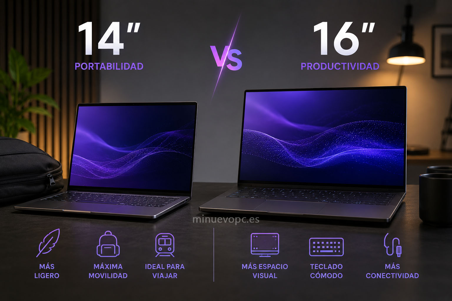 Comparativa entre portátil de 14 y 16 pulgadas para productividad, destacando portabilidad, espacio de trabajo y mejor relación calidad precio