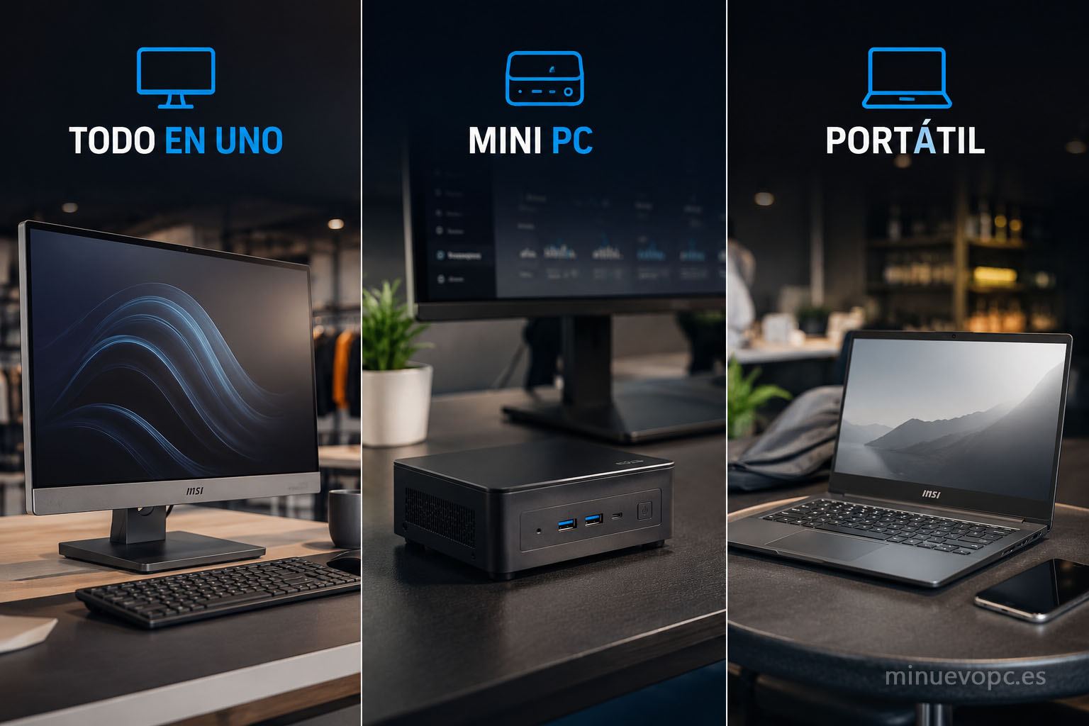 Comparativa visual entre ordenador todo en uno, mini PC y portátil para elegir el equipo más adecuado según cada negocio