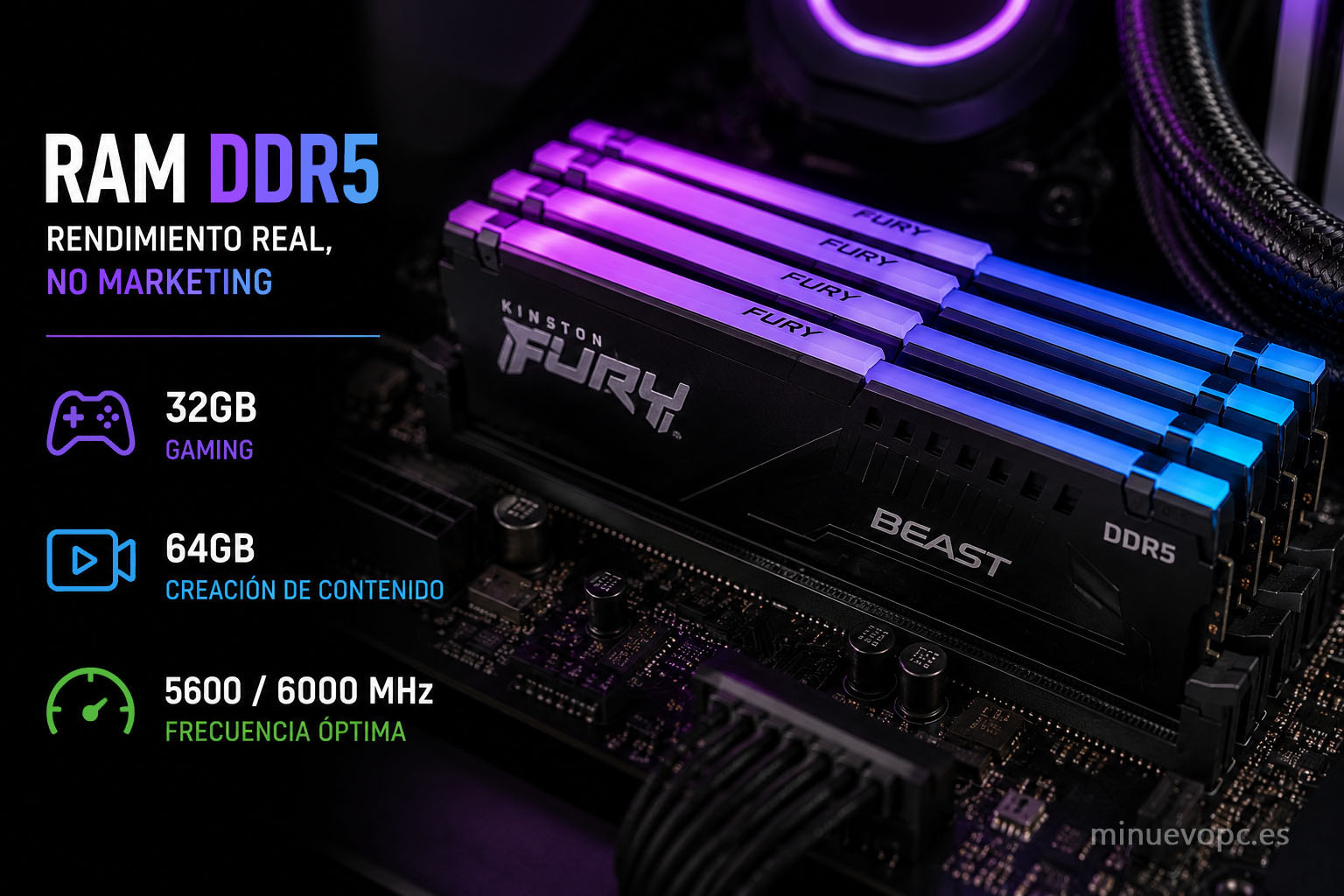 Memoria DDR5 de alta velocidad en un PC gaming RTX 5080 con 32 GB o 64 GB para jugar y crear contenido sin límites