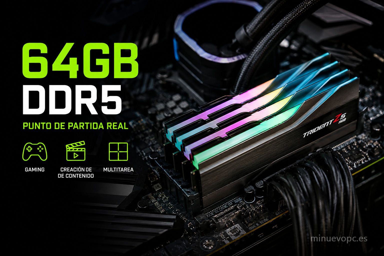 Memoria DDR5 de 64 GB en ordenador gaming de gama alta, capacidad recomendada para multitarea, edición de vídeo y juegos exigentes