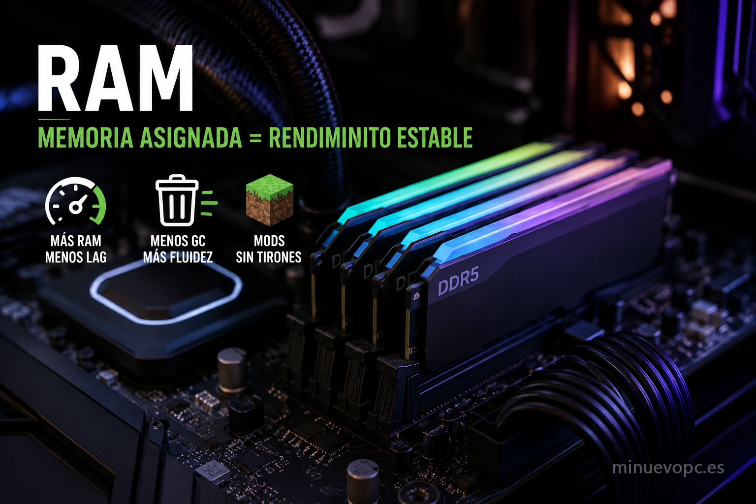 Memoria RAM para Minecraft Java mostrando cómo una asignación correcta mejora la fluidez, reduce tirones y optimiza modpacks pesados