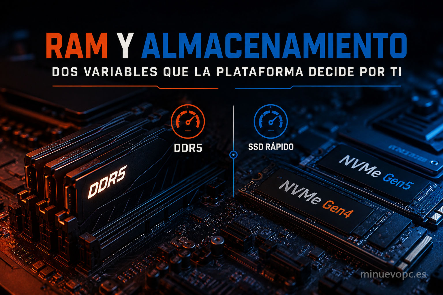 Memoria DDR5 y SSD NVMe Gen4 y Gen5 en un PC gaming, comparando la mejor configuración según la plataforma AMD o Intel