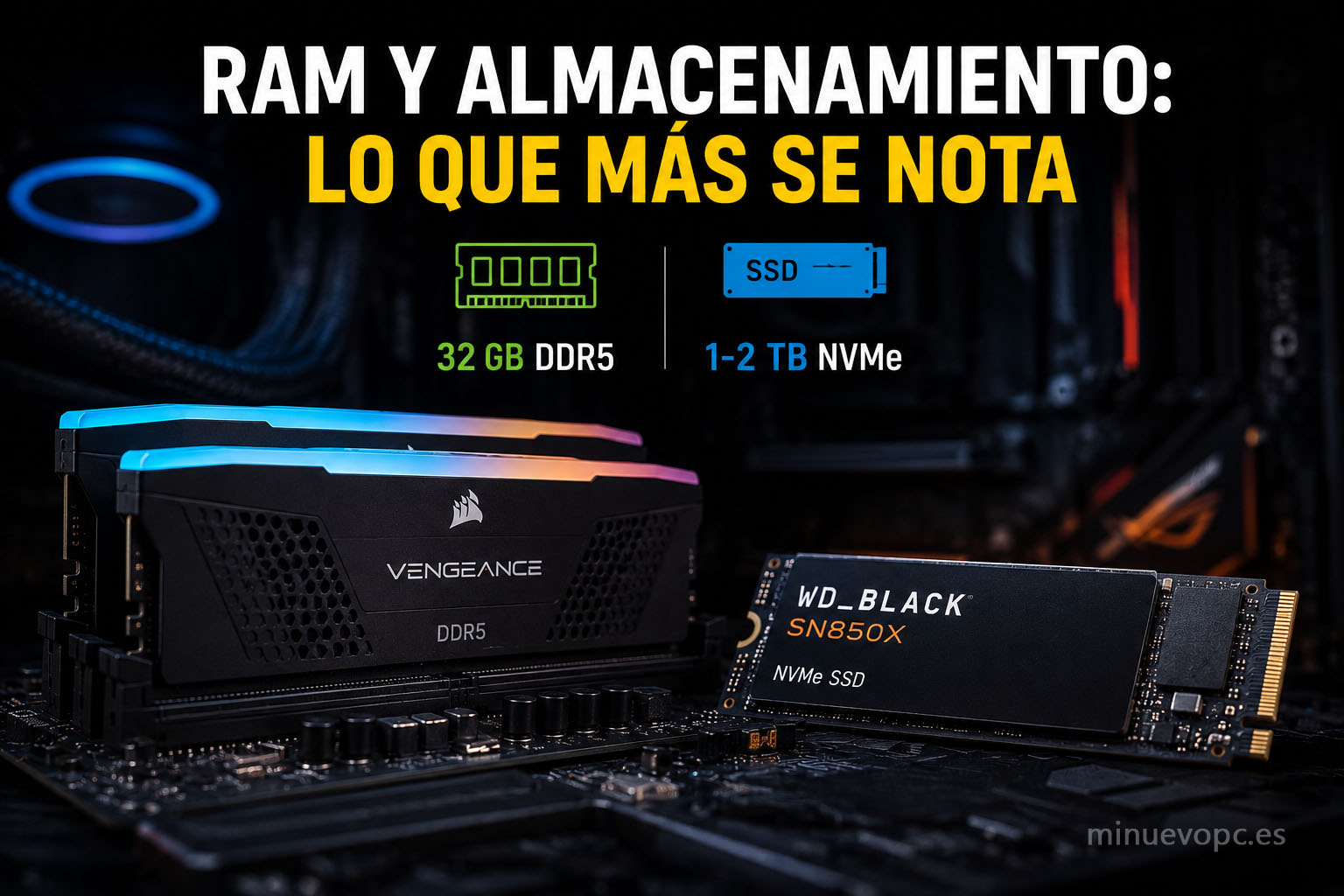 Memoria DDR5 de 32 GB y SSD NVMe de alta velocidad en un PC gaming moderno con capacidad para juegos exigentes