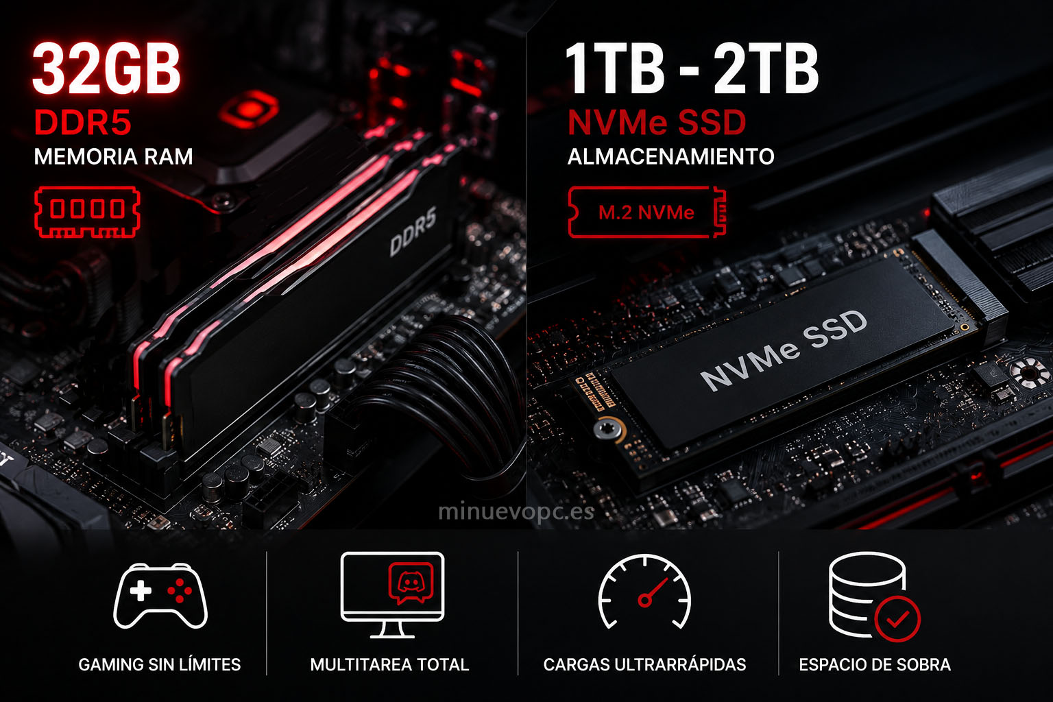 PC gaming con 32 GB de RAM DDR5 y SSD NVMe de alta velocidad, configuración recomendada para jugar con RX 9070 XT