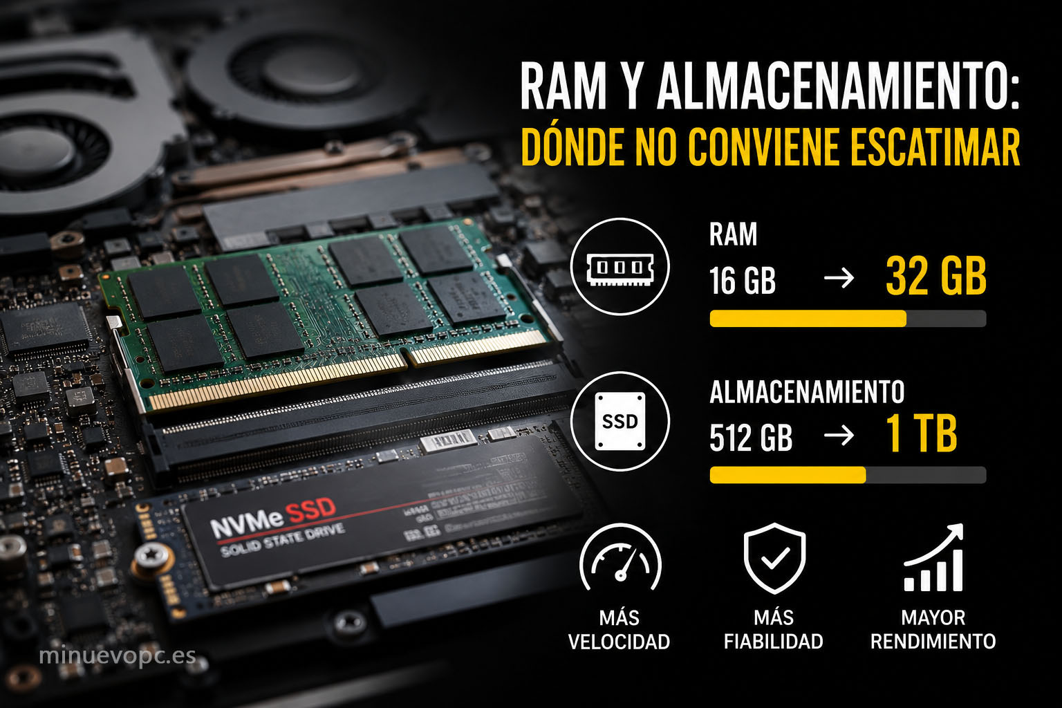 Memoria RAM y SSD recomendados para teletrabajo, con capacidad suficiente para multitarea y almacenamiento rápido