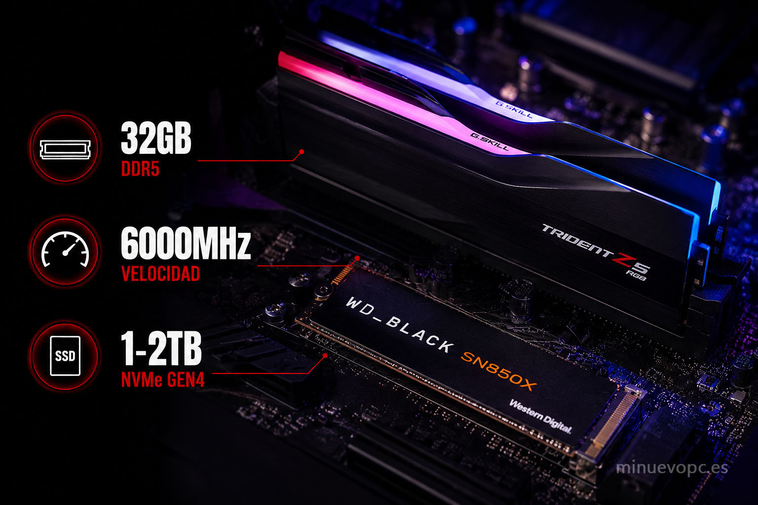 Memoria DDR5 y SSD NVMe de alta velocidad recomendados para acompañar una RTX 5070 con equilibrio y rendimiento