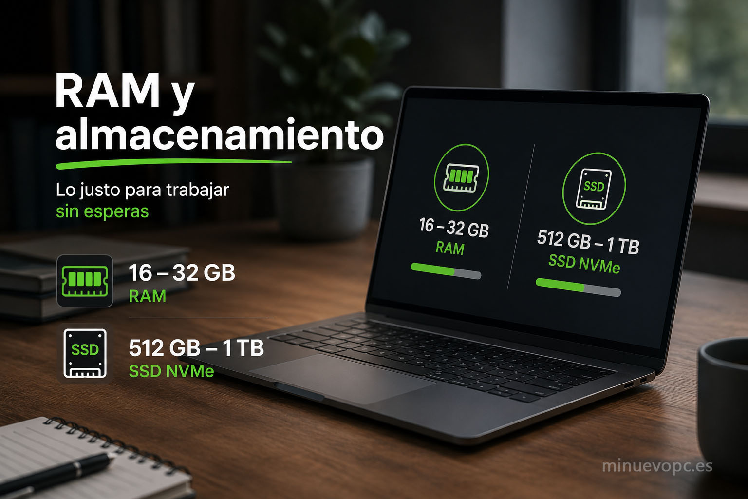 RAM y almacenamiento SSD NVMe en un portátil para profesores con 16 GB o 32 GB y 512 GB o 1 TB para trabajar con fluidez y sin esperas